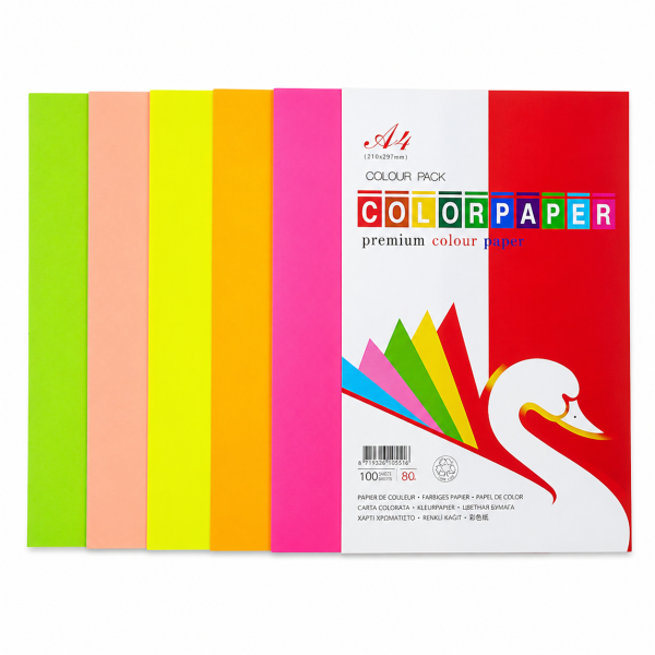 Set hartie colorata A4 neon, 100 coli, 5 culori intense, 80g/mp, hartie printare, craft DIY, proiecte scolare