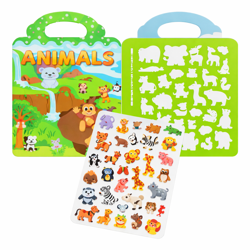 Joc educativ stickere reutilizabile Animals, carte activitati copii animale, abtibilduri silicon reutilizabile, jucarie Montessori invatare animale, dezvoltare vocabular si imaginatie, cadou copii 3+ ani