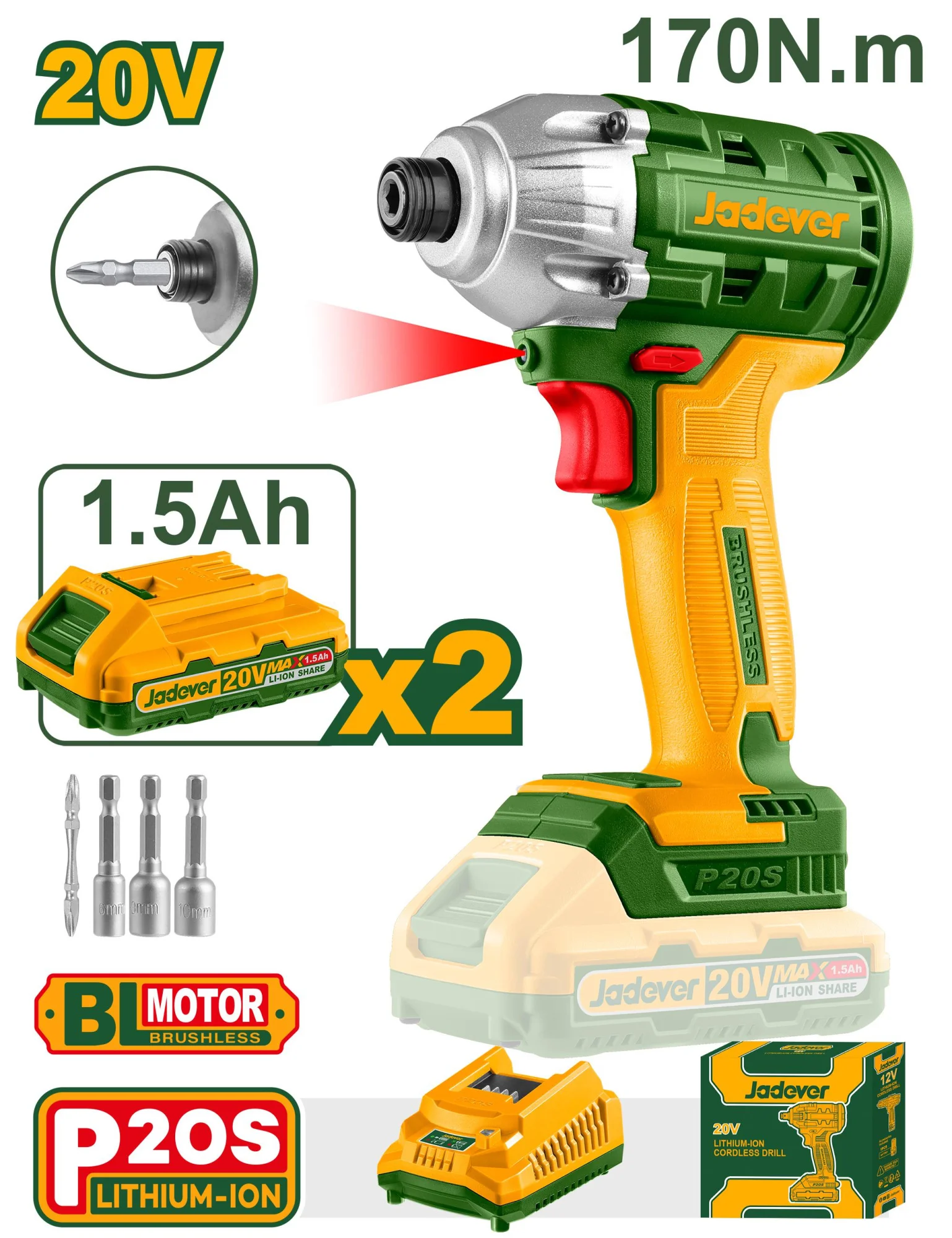 Mașină de înșurubat cu impact (șurubelniță) cu acumulator 20V 170Nm + 2 ac.; Jadever