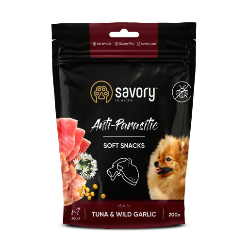 Savory dog soft snacks Anti-parasitic. Tuna& Wild Garlic 200 g, recompense moi cu ton și usturoi sălbatic, cu efect antiparazitar pentru câini