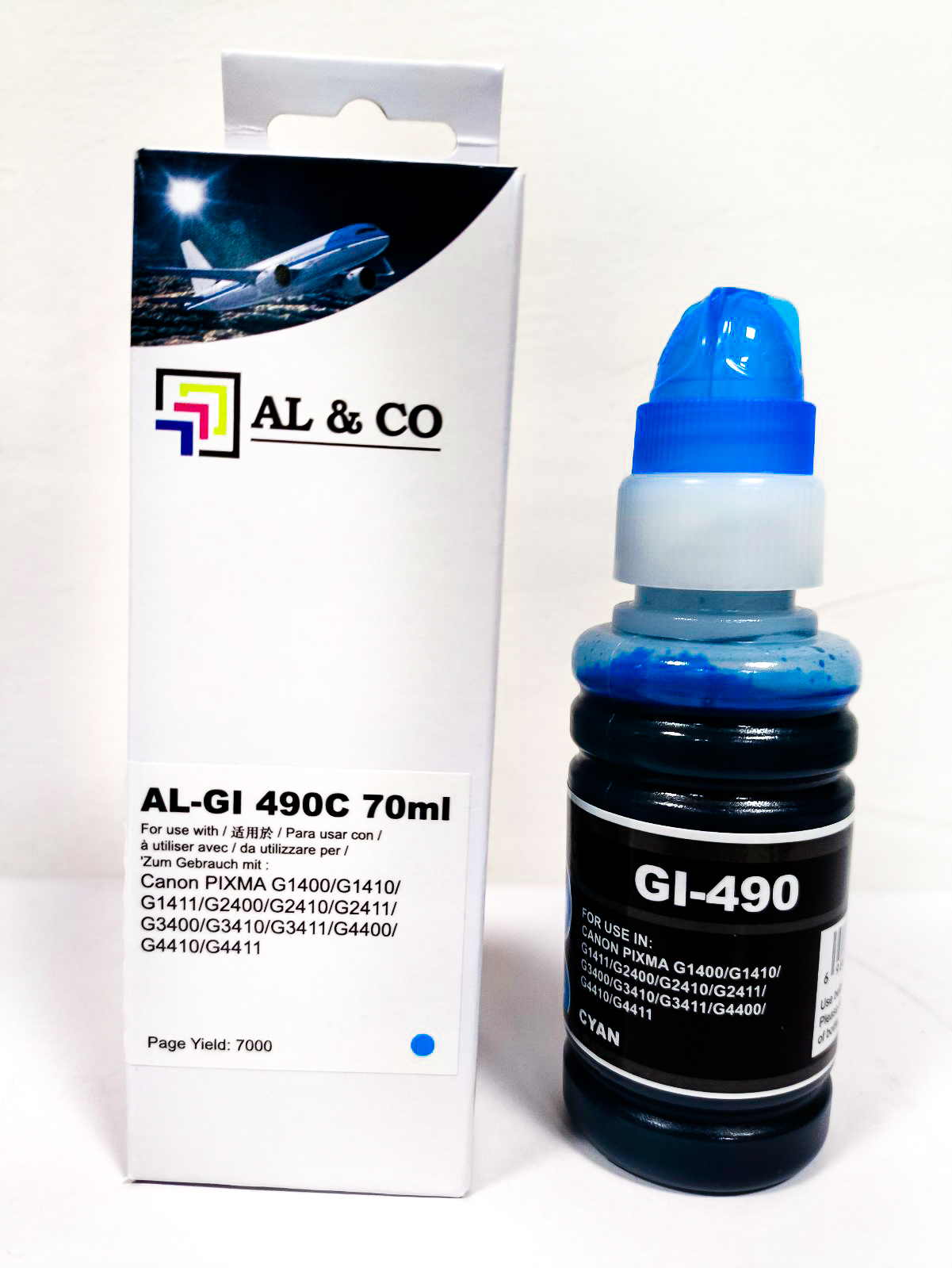 Cerneală Canon Premium compatibilă GI-490C Cyan for PIXMA G1400/ 1410/ 2400/ 2410/ 3400/ 3410 70ml