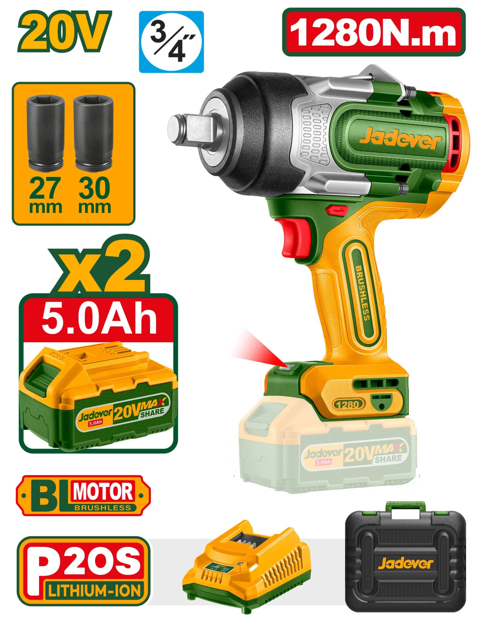 Mașină de înșurubat cu impact cu acumulator 20V 1280Nm; Jadever