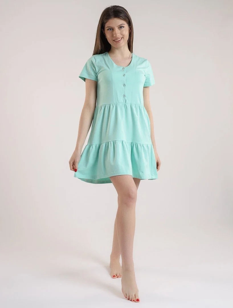 Rochie de damă scurtă cu decolteu rotund și mânecă scurtă din bumbac