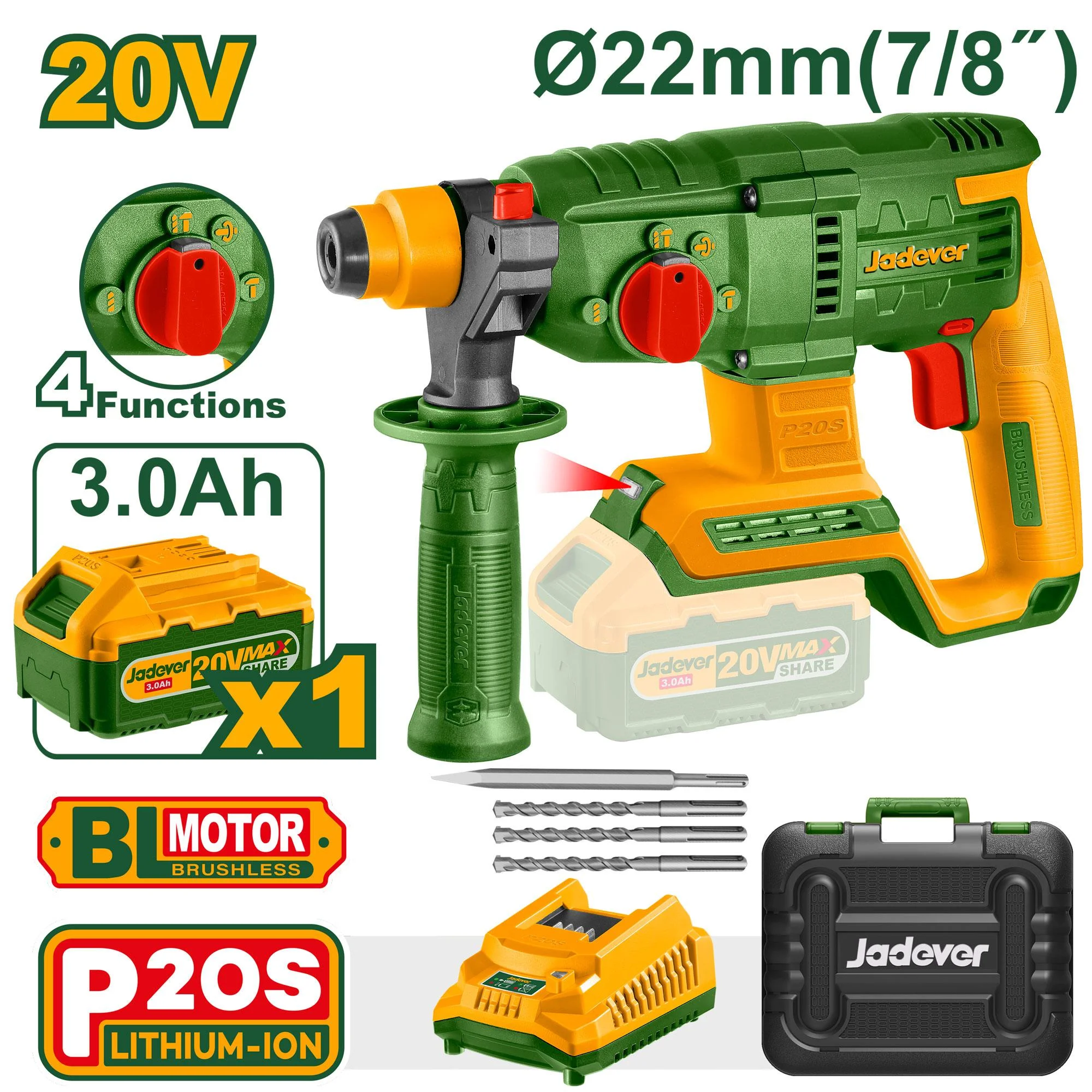 Ciocan rotopercutor cu acumulator 20V 2.0J SDS Plus + 1 ac.; Jadever