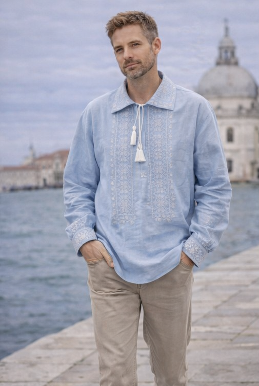 Cămașă pentru bărbați din in brodată, albastru deschis