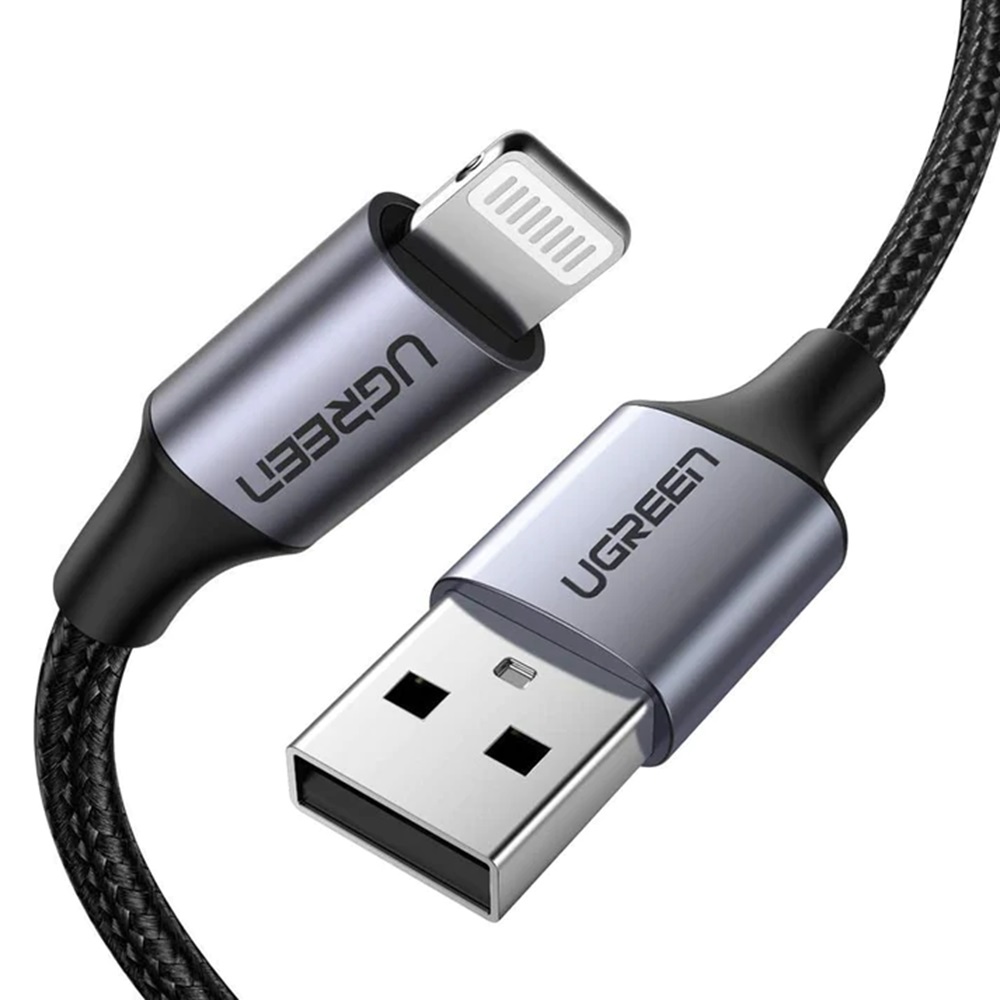 Cablu USB la Lightning UGREEN (certificat MFi), 1 m, carcasă din aluminiu, împletitură de nailon, negru | US291