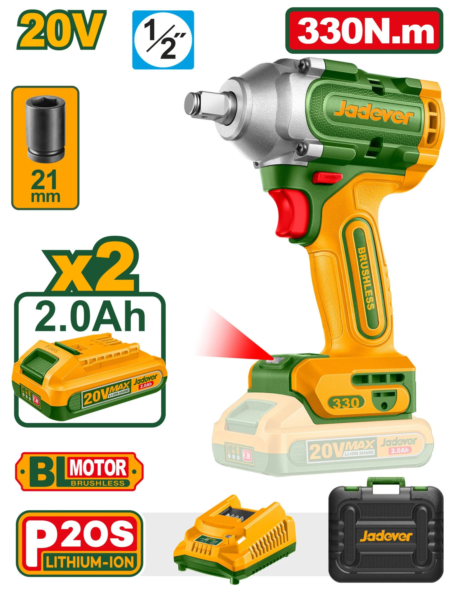 Mașină de înșurubat cu impact cu acumulator 20V 330Nm; Jadever