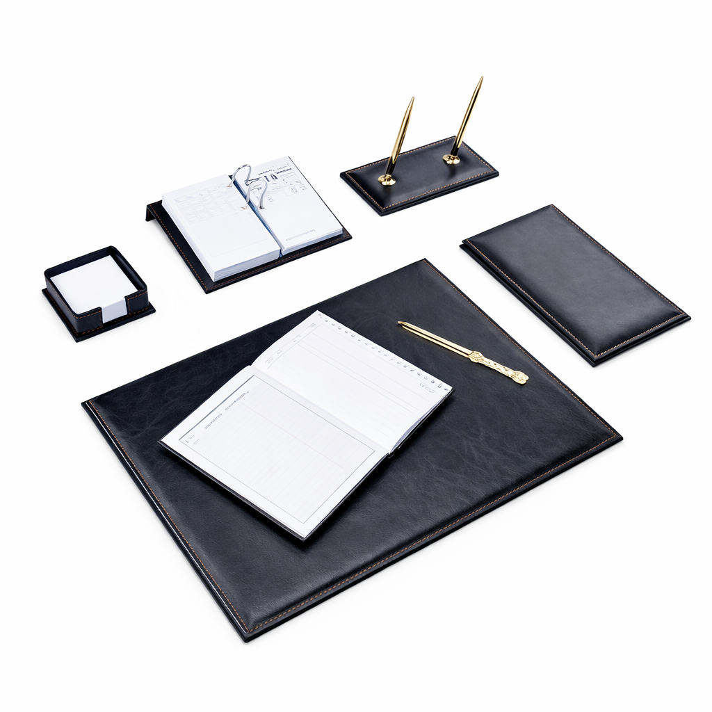 Set Birou 7 Piese, Piele Ecologica Neagra, Design Elegant, Accesorii Office pentru Manageri