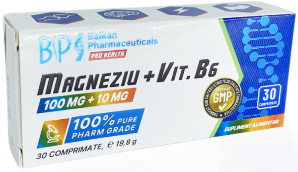 Magneziu + Vitamina B6 100 mg + 10 mg, 30 comprimate | Balkan Pharmaceuticals