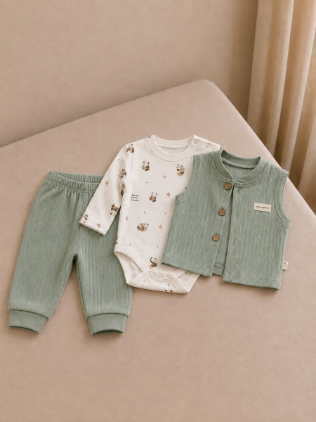 Set pentru bebeluși: pantaloni, body și vestă, Turcia
