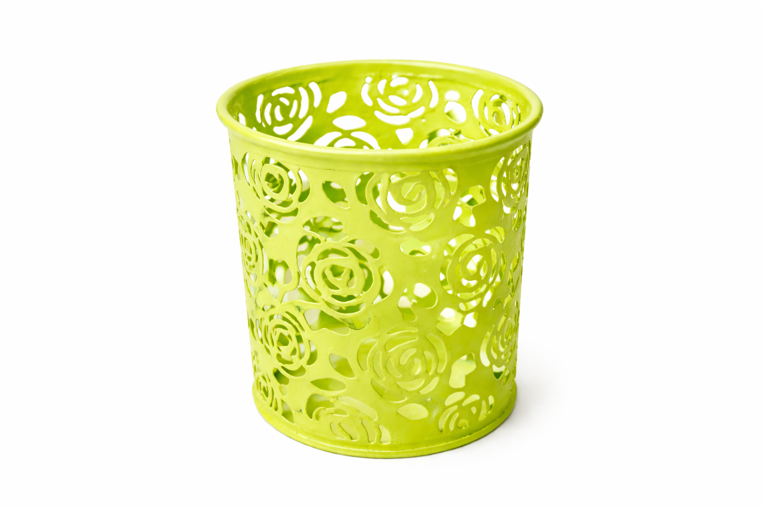 Pahar pentru pixuri metalic ajurat, rotund, suport creioane decorativ, organizator birou, design floral, office, rezistent