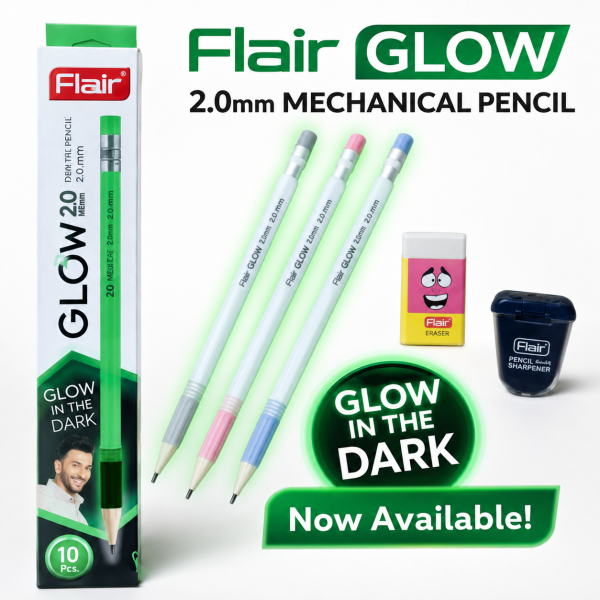 FLAIR GLOW Set de creioane mecanice de 2,0 mm, fosforescente, 10 buc.+ radieră + ascuțitoare