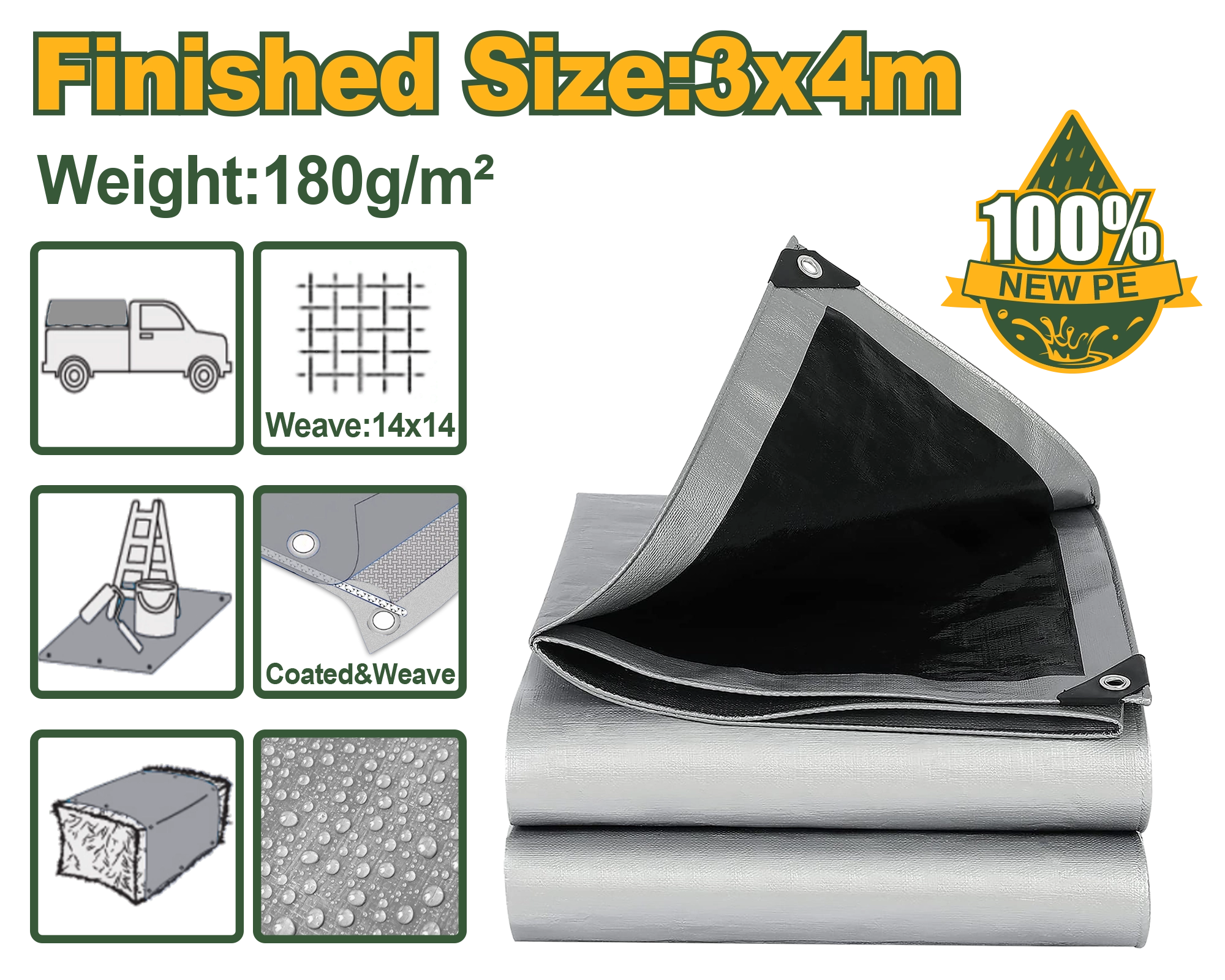 Prelată de protecție ranforsată din PE 3x4m 180g/m² JDTQ8834 Jadever