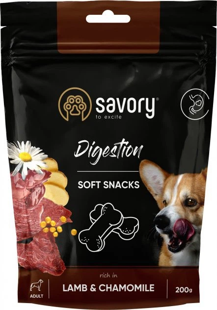 Savory dog soft snacks Digestion. Lamb&Chamomile 200 g, recompense moi cu miel și mușețel pentru îmbunătățirea digestiei la câini