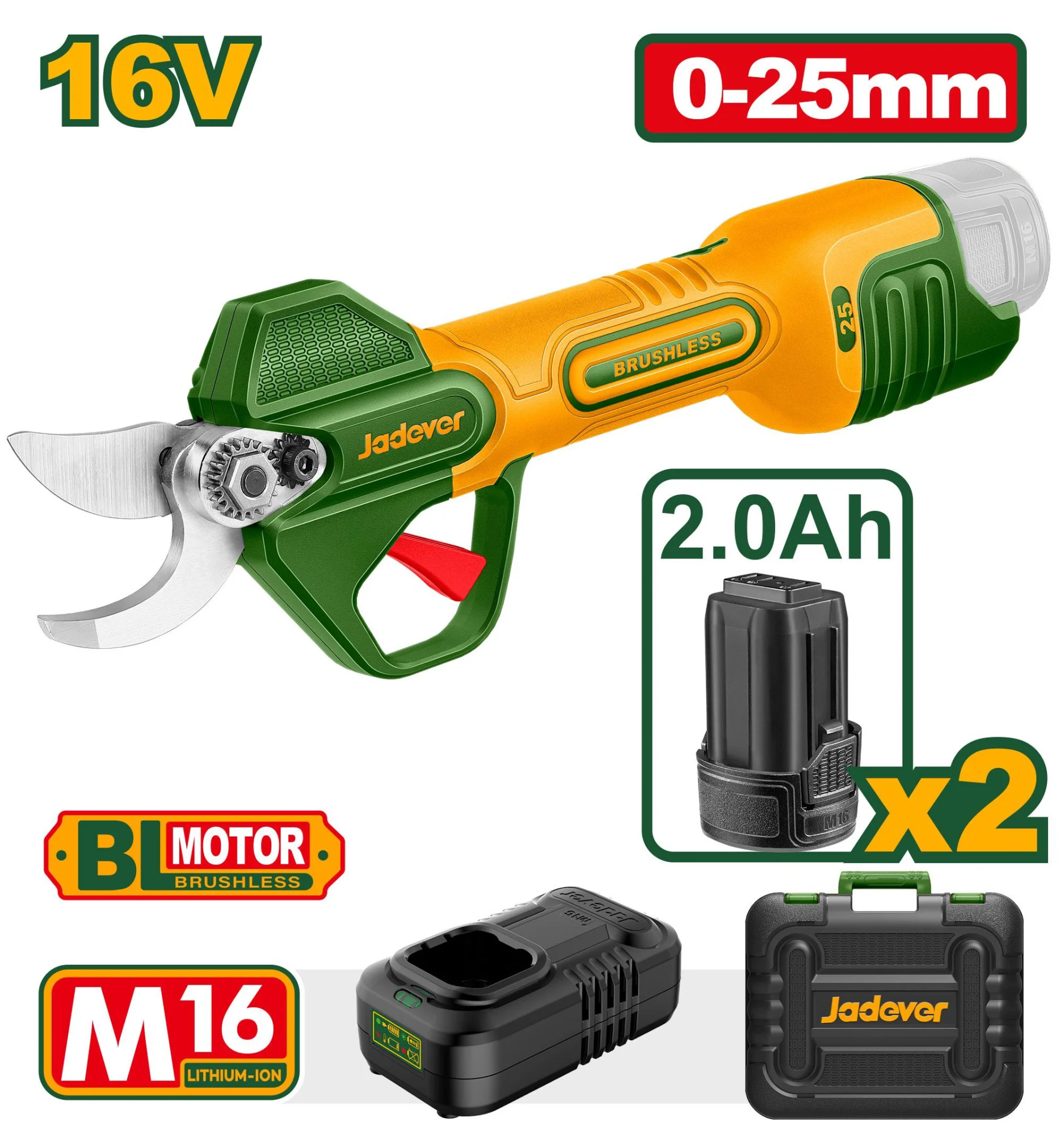 Foarfecă de grădină (secator) cu acumulator 16V 25mm + 2 ac.; Jadever