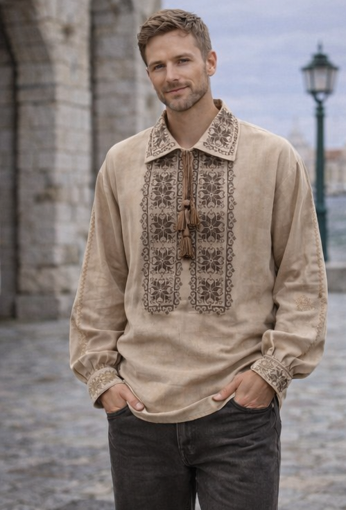 Cămașă din in brodată bej pentru bărbați