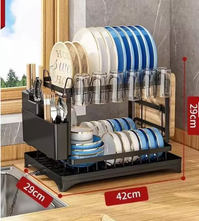 Uscător de vase din metal  2 nivele cu sistem de scurgere și suport pentru căni – Bucătărie organizată și uscată perfect!