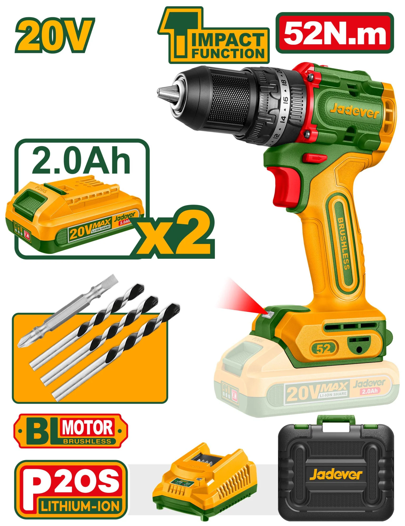 Mașină de găurit/șurubelniță cu impact fără fir de 20V, 52 Nm; JDCDP5281 Jadever