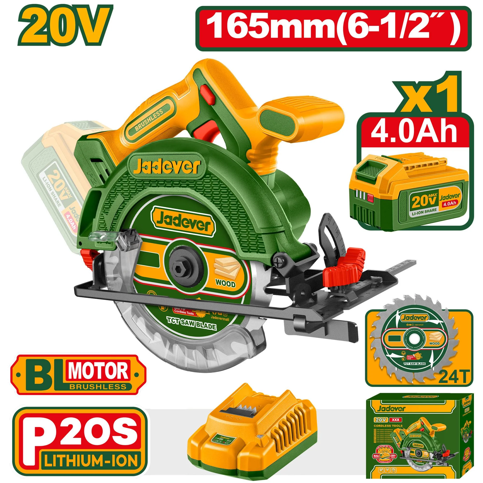Ferăstrău circular manual cu acumulator 20V 165mm + 1 ac. (4.0Ah); Jadever