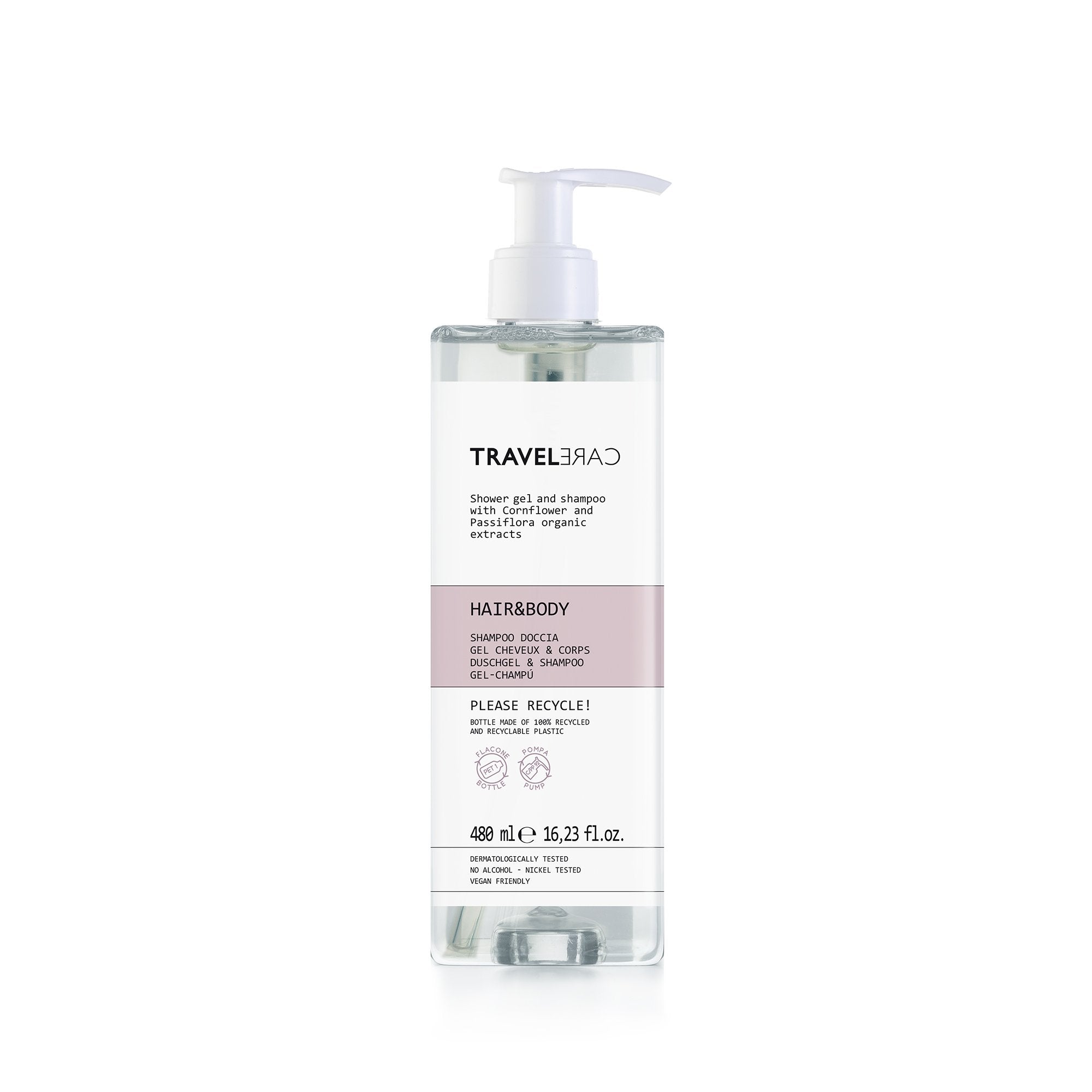 Gel de duș și șampon Travelcare 480 ml (sticlă reîncărcabilă)