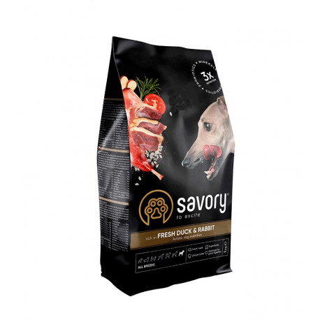 Savory Adult All Breeds Fresh Duck & Rabbit 12KG, hrană uscată cu rață și iepure pentru câini adulți de toate rasele