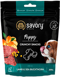 Savory dog crunchy snacks Puppy Lamb&Sea Buckthorn, 200 g, recompense cu miel și cătină pentru căței