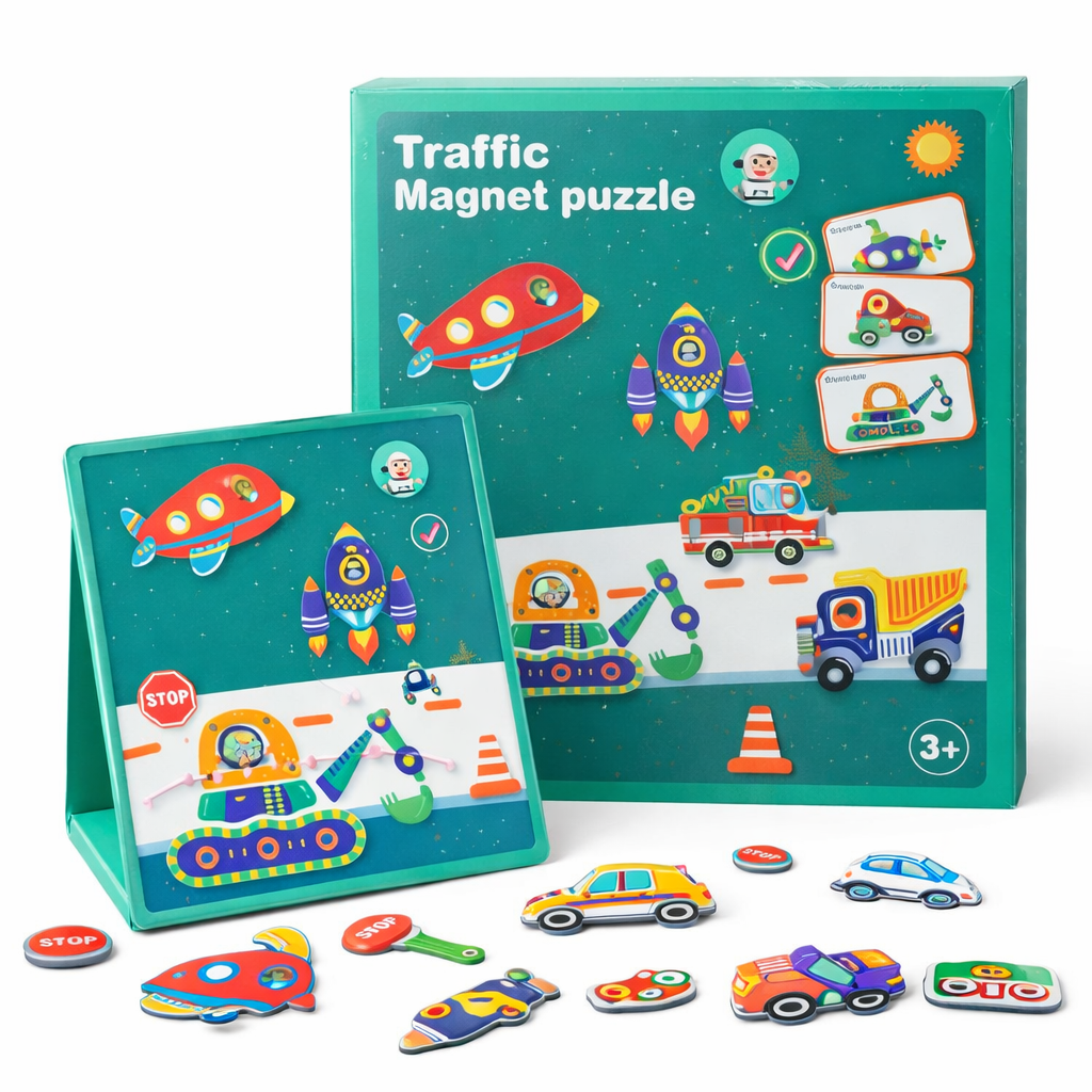 Puzzle magnetic trafic copii, joc educativ magnet puzzle vehicule, jucarie Montessori, dezvoltare logica si imaginatie, puzzle cu magneti masini utilaje, joc creativ copii 3+ ani, cadou educativ