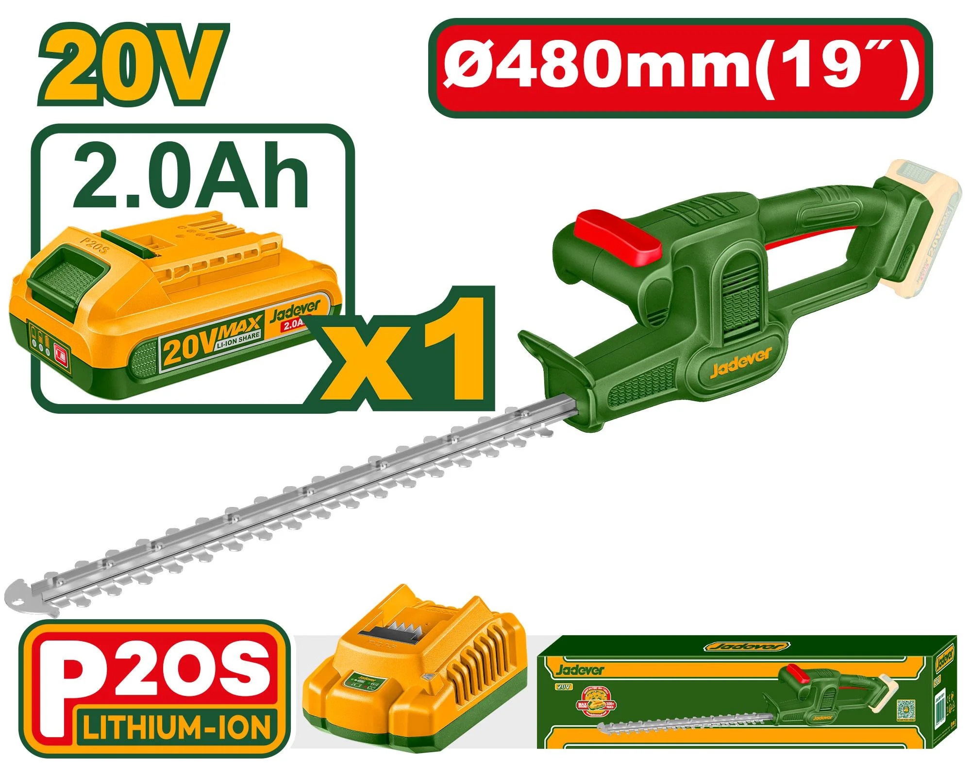 Foarfecă (Trimmer) pentru gard viu cu acumulator 20V 480mm + 1 ac.; Jadever