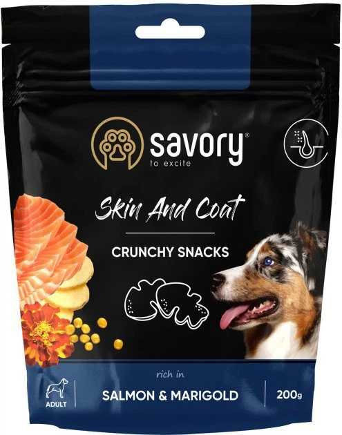 Savory dog crunchy snacks Skin&Coat. Salmon&Marigold 200 g, recompense pentru câini cu somon și gălbenele