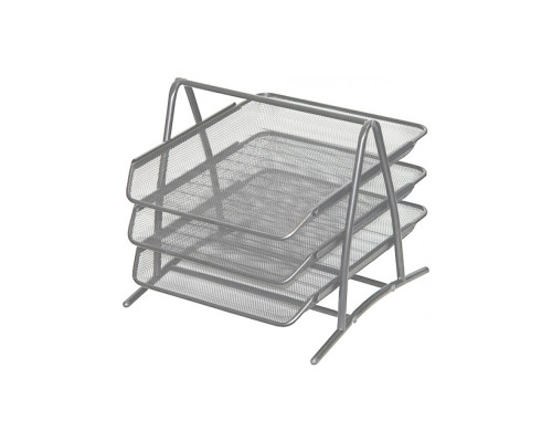 Tavita pentru documente, 3 nivele, gri, organizator birou A4, argintiu, suport hartii orizontal, tava mesh office, rezistenta, suport dosare si acte