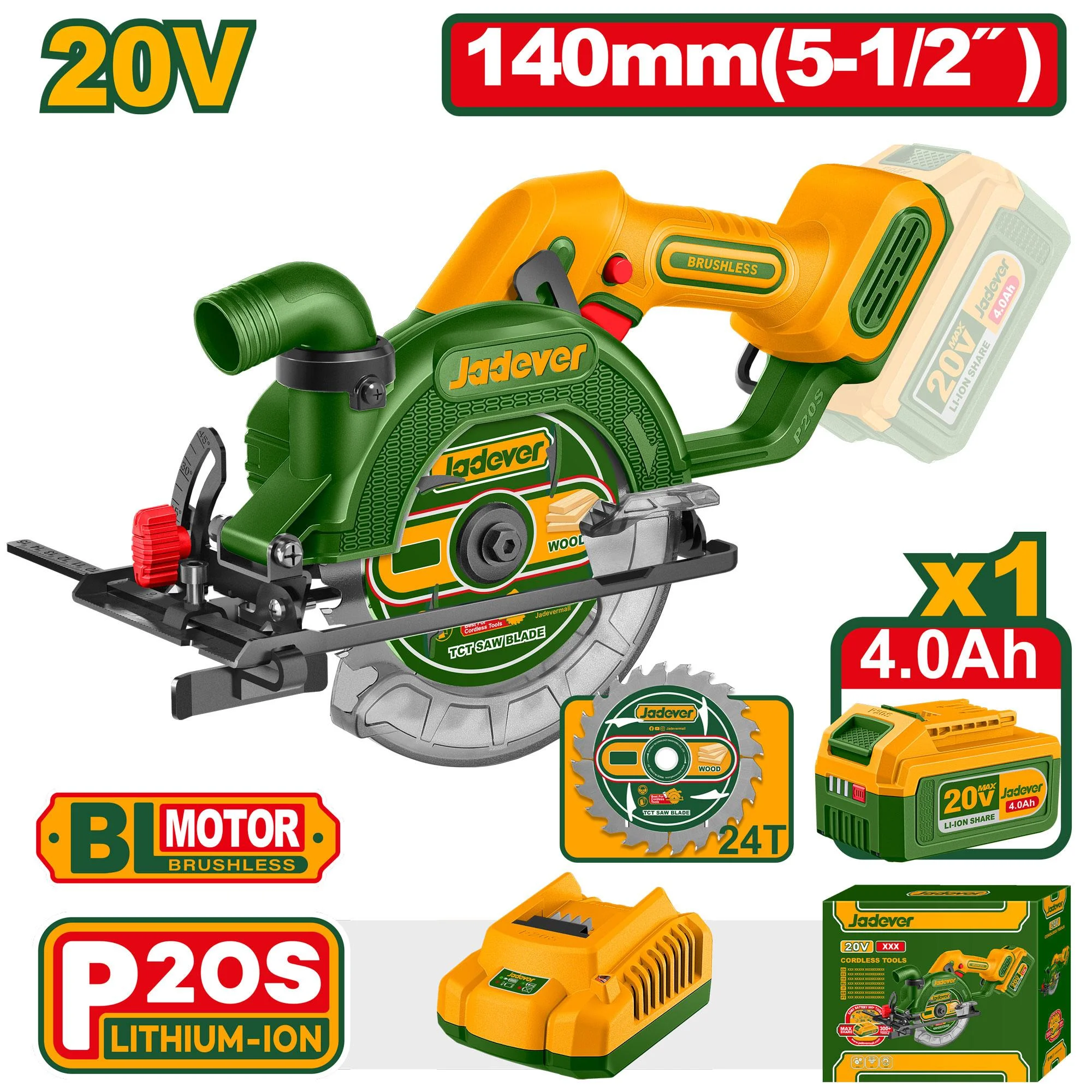Ferăstrău circular manual cu acumulator 20V 140mm + 1 ac. (4.0Ah); Jadever