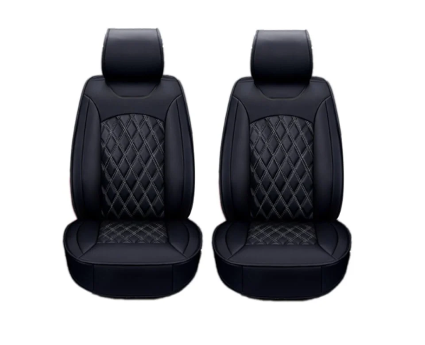 Set 1+1 Huse Scaune Auto Premium Lux Piele Ecologica, Negru cu cusaturi gri in romb