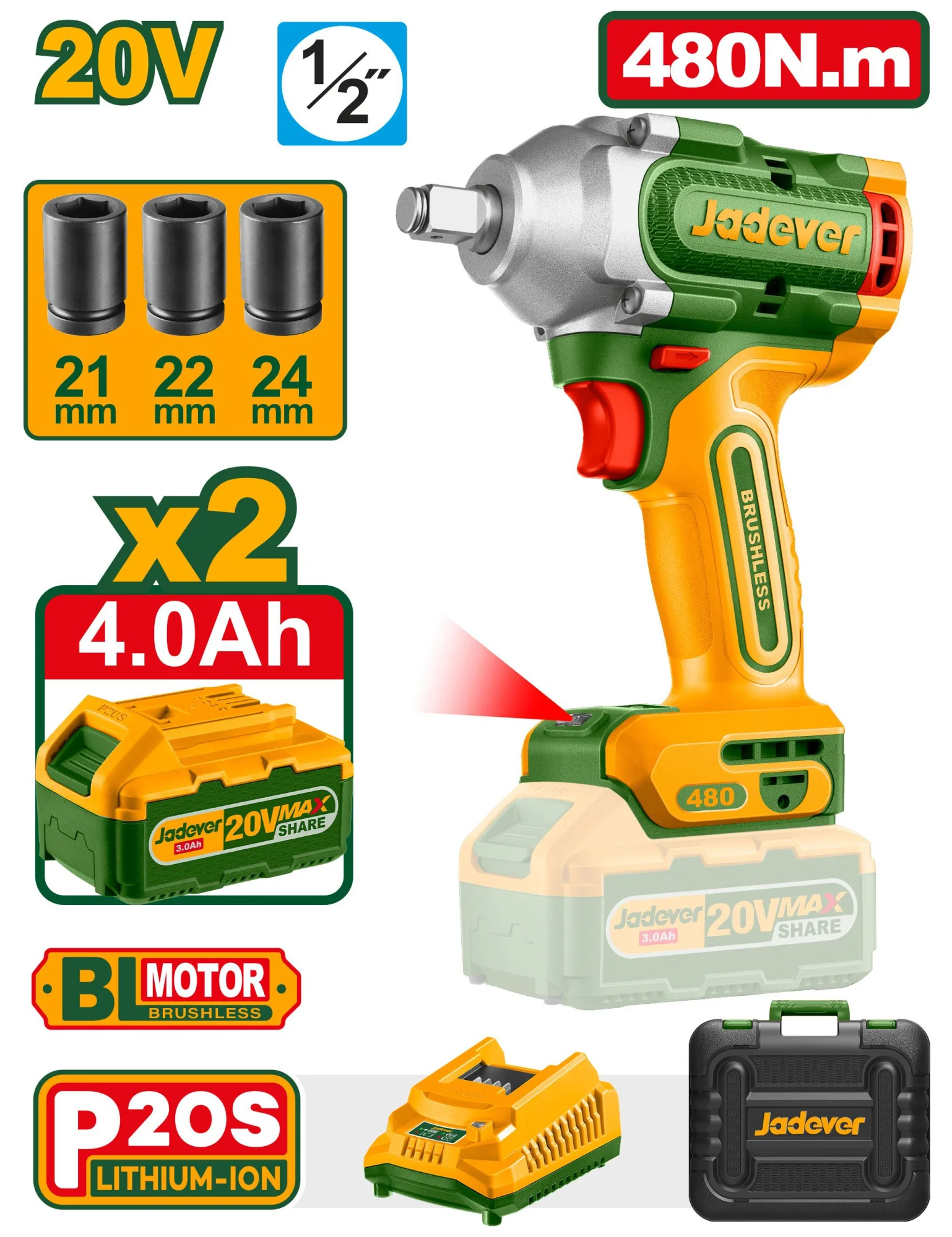 Mașină de înșurubat cu impact cu acumulator 20V 480-600Nm 4Ah; Jadever