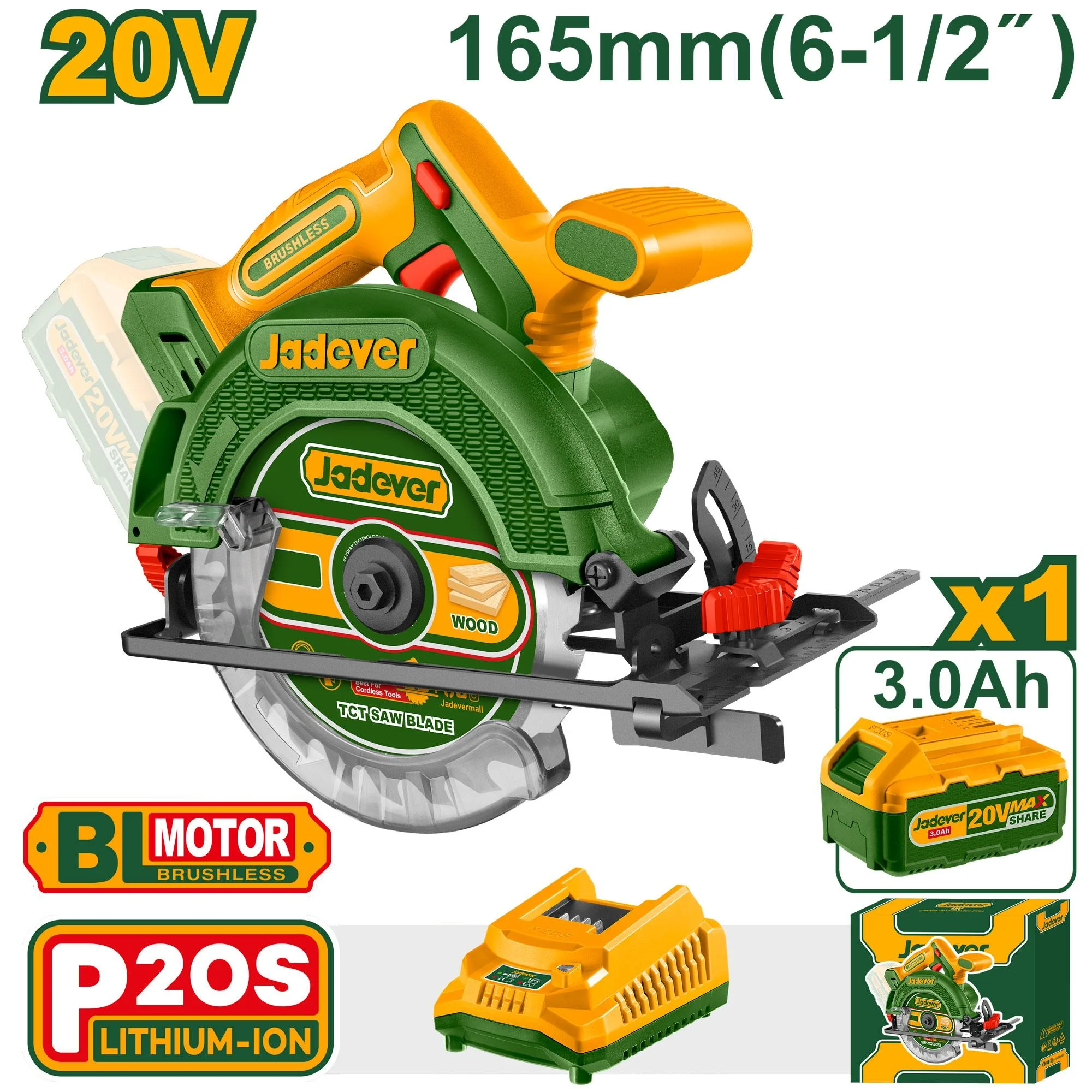 Ferăstrău circular manual cu acumulator 20V 165mm + 1 ac.; Jadever