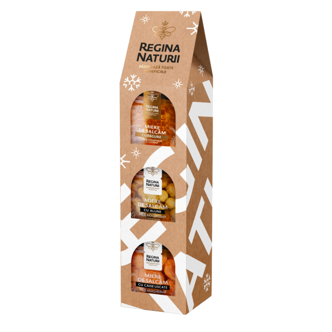 Set Miere ”Perfect Gift” 250g*3buc. (Miere De Salcâm Cu Alune De Pădure, Miere De Salcâm Cu Caise, Miere De Salcâm Cu Fagure) Regina Naturii