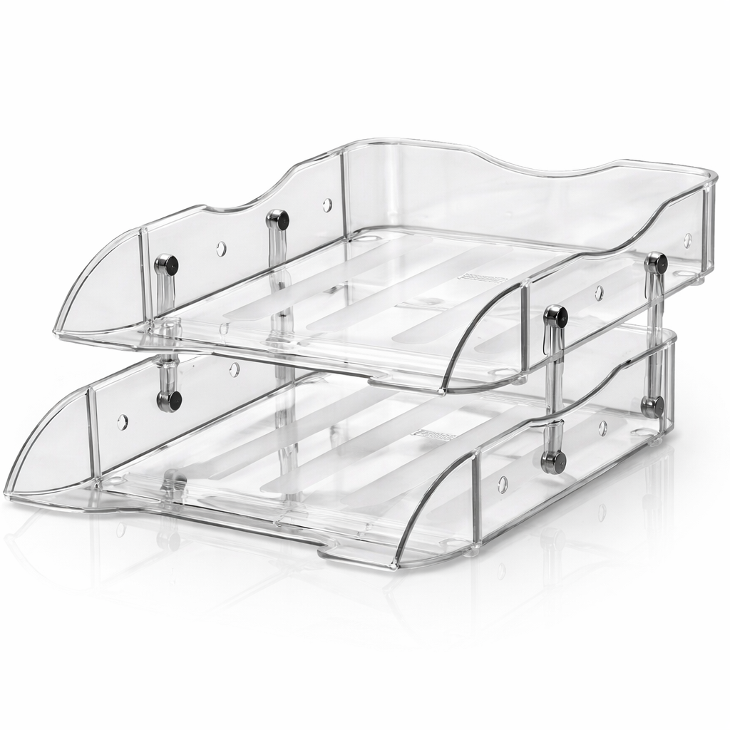 Set 2 tavite pentru documente CASSA, 34 x 25 cm, plastic transparent, organizator birou A4, suport de hartii orizontal, tavita office suprapozabila 2 nivele