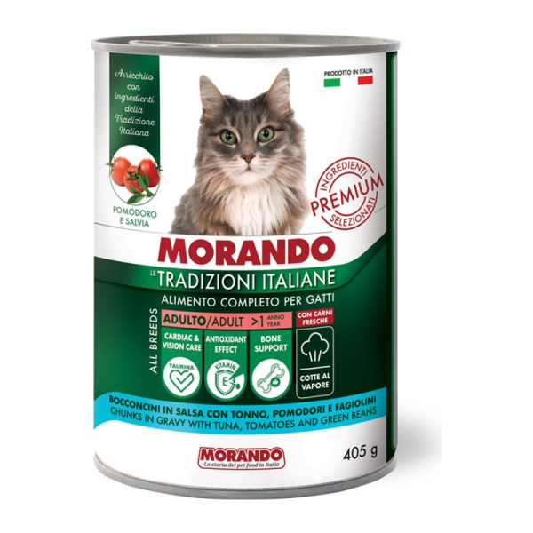 MORANDO conserve bucati pentru pisici MORANDO LE TRADIZIONI ITALIANE TUNA, TOMATOES AND GREEN BEANS  (TON, ROȘII ȘI FASOLE VERDE) 405g