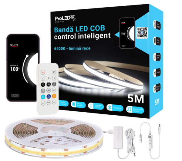 Kit banda LED COB 5M APP 6400K, control inteligent, QR cod, sincronizare muzica si intensitate reglabila