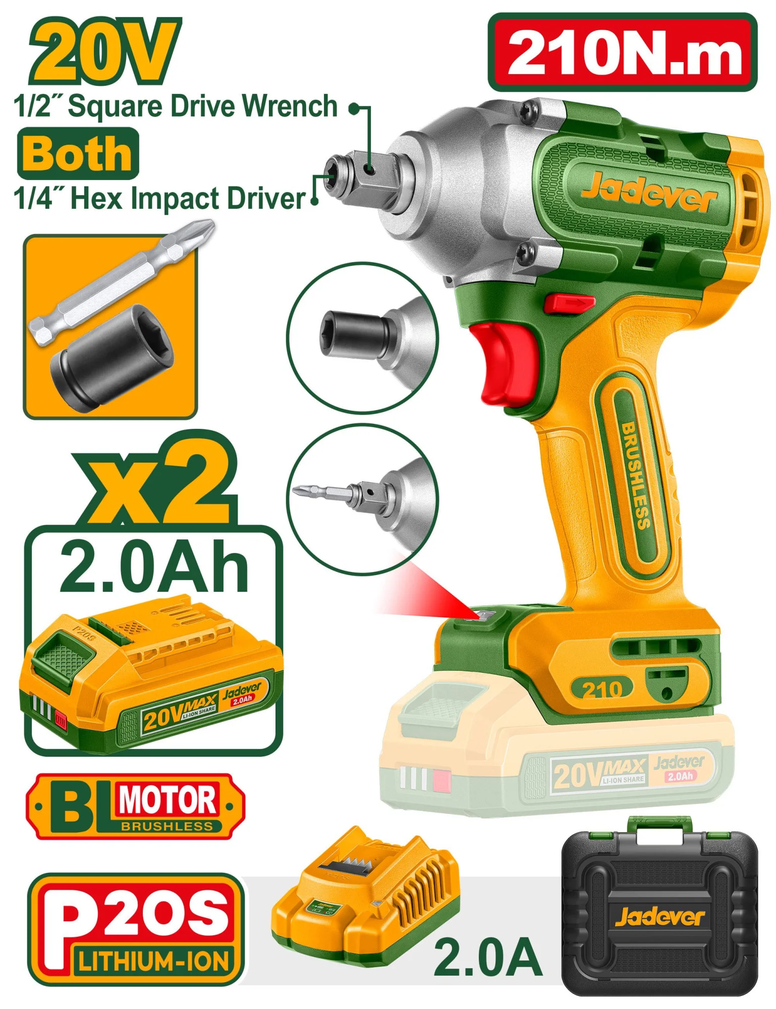 Mașină de înșurubat hibridă cu impact cu acumulator 20V 210Nm; Jadever