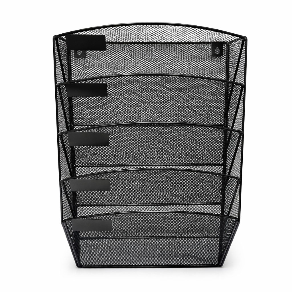 Stativ perete ziare 5 compartimente, metal mesh negru, suport reviste si pliante A4, organizator documente montaj perete