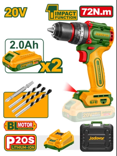 Mașină de găurit/șurubelniță cu impact fără fir de 20V, 72 Nm; JDCDP7281 Jadever