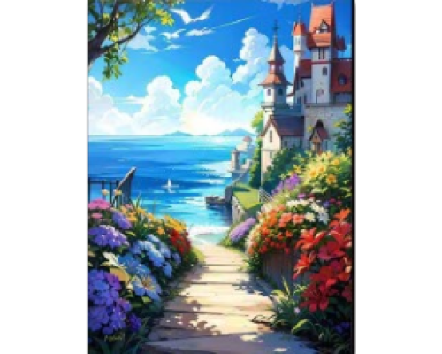 Mozaic cu Diamante 40 x 50 cm Castelul de Langa Mare, Diamond Painting, Kit Creativ cu Strasuri Acrilice, Panza pe Targa