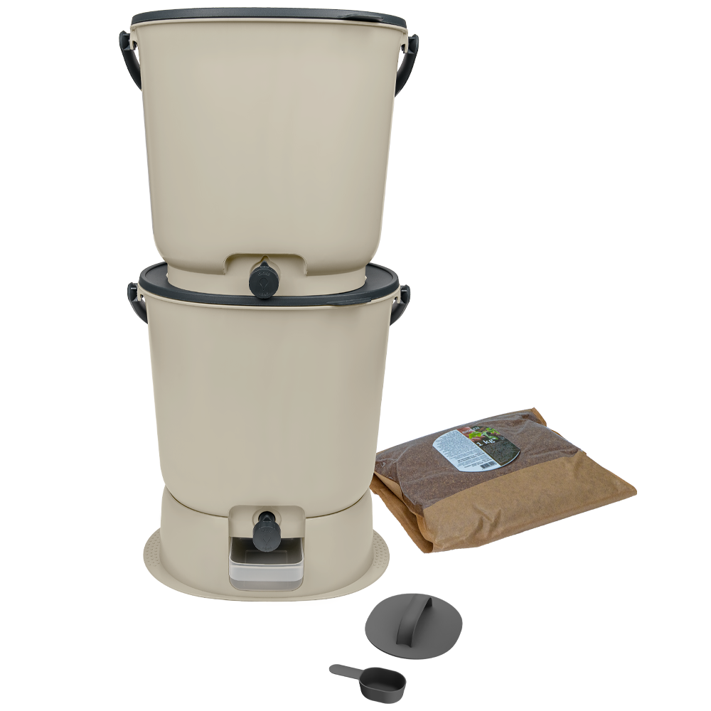 Set coșuri pentru compostare Bokashi Organko Essential Cream White + bază, 15.3L x 2