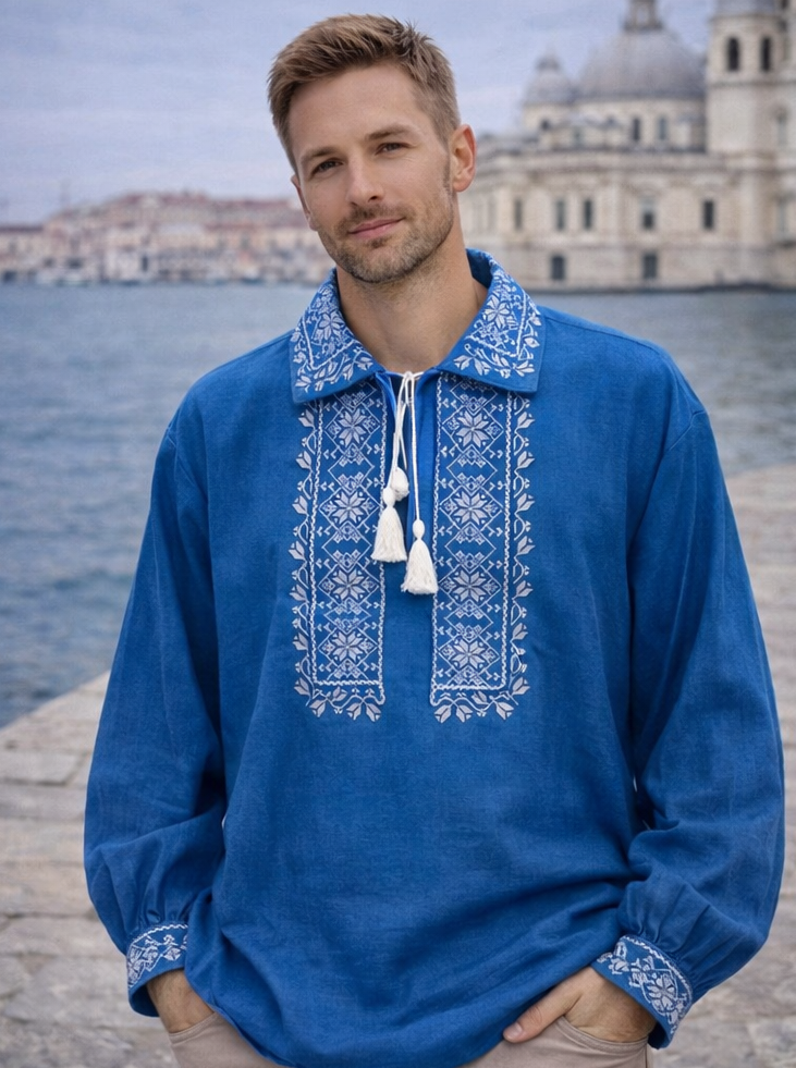 Cămașă pentru bărbați din in brodată albastră