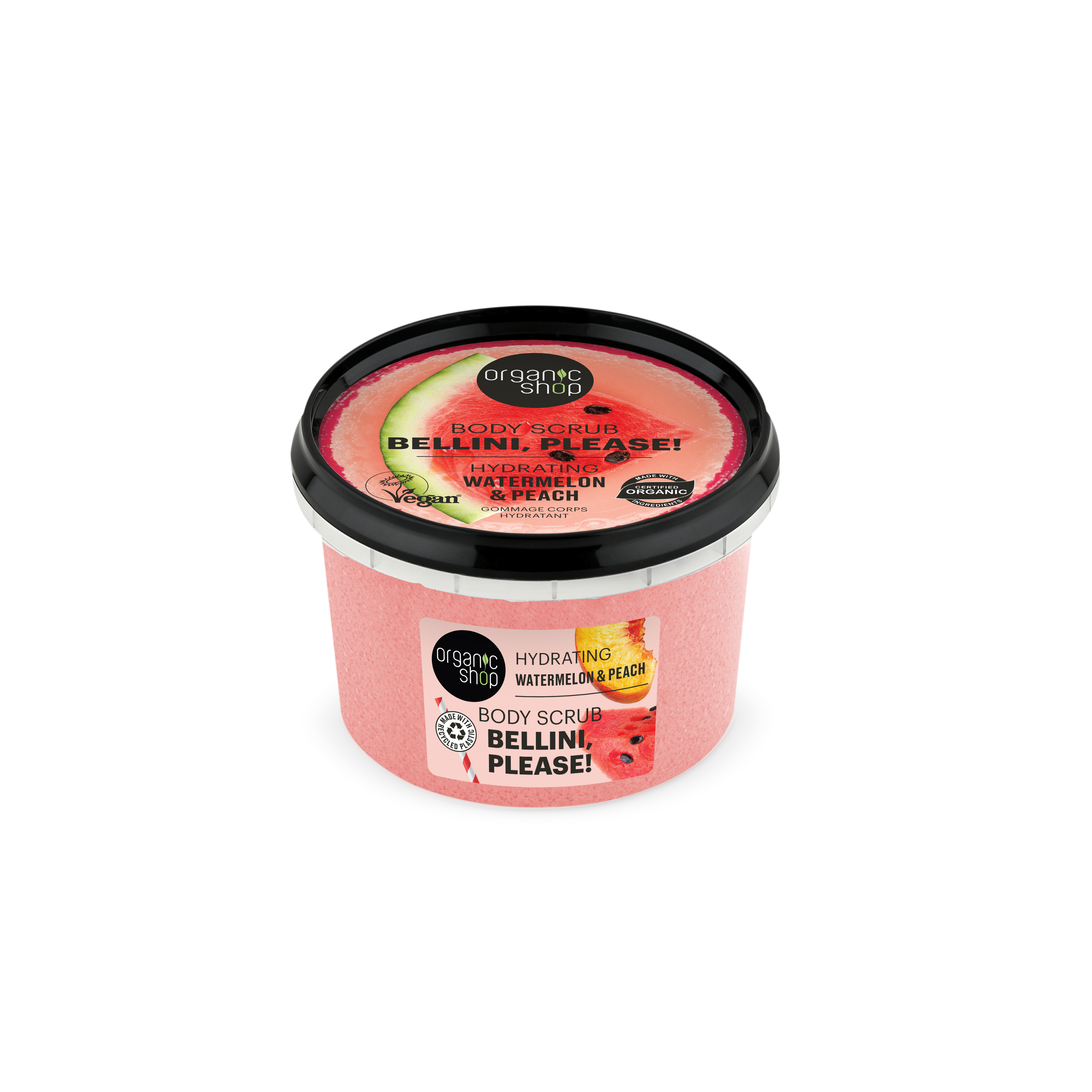 Organic Shop Scrub hidratant de corp cu pepene verde și piersică, Bellini vă rog! 250 ml