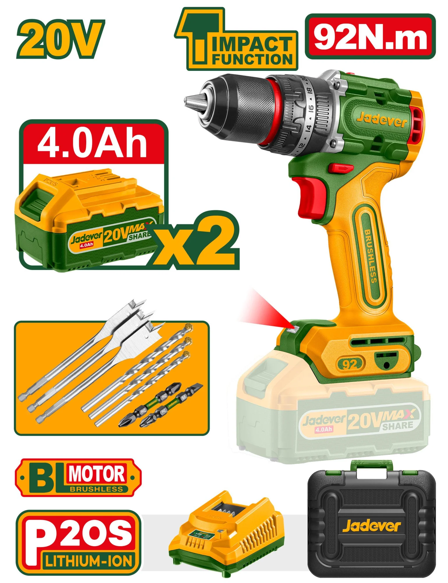 Mașină de găurit cu percuție cu acumulator 20V 92Nm + 2 ac.; Jadever