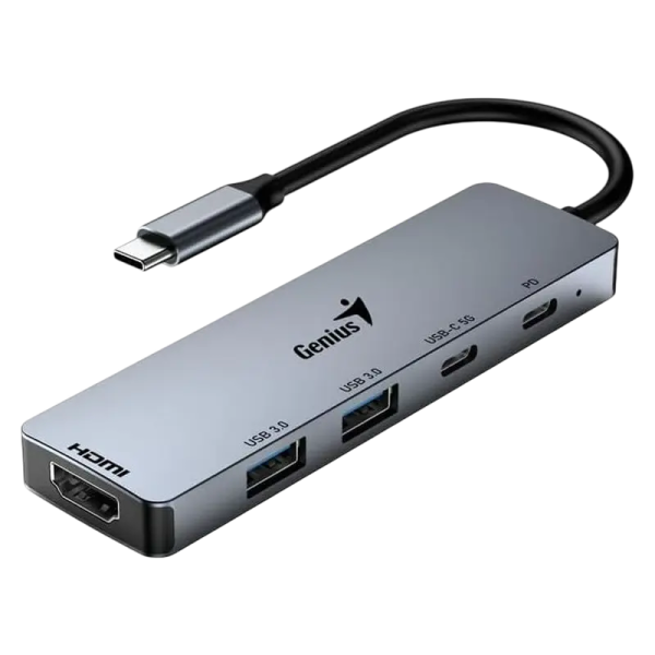 USB-C Hub 5-in-1: 100W PD x1, USB-C 3.0 x1, USB-A 3.0 x2, HDMI x1, Genius UH-500, Gray