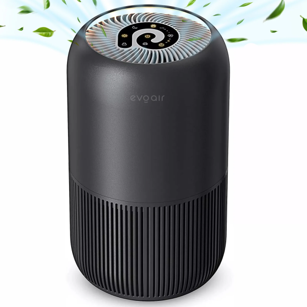 Purificator de aer Evoair, YuvoSpin, Lampă UV-C, Filtru 3in1, True Hepa, Carbon Activ, Pre-filtru, 4 viteze, Funcție Polen/Animale, Mod Noapte, Blocare Ecran, Lumină Ambientală, Negru