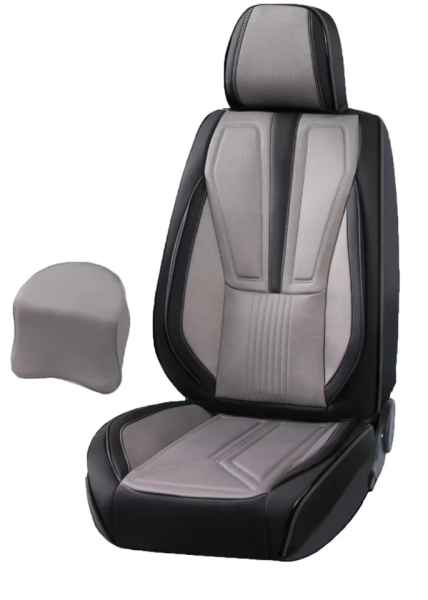 Set huse scaune auto universale, piele ecologica culoare neagra cu material textil gri, fata-spate