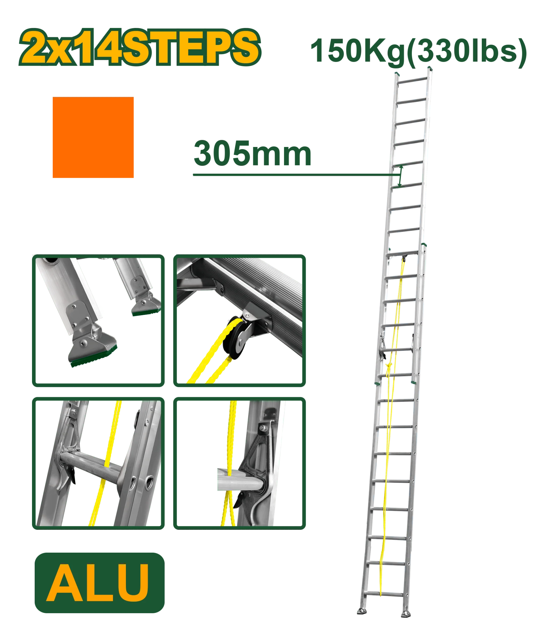 Scară culisantă din aluminiu cu 2 secțiuni 2x14 trepte, 150kg; Jadever
